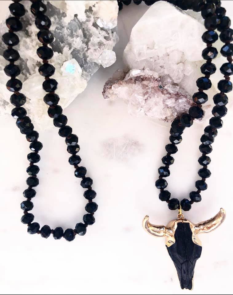 Black Obsidian Long Horn Pendant Necklace