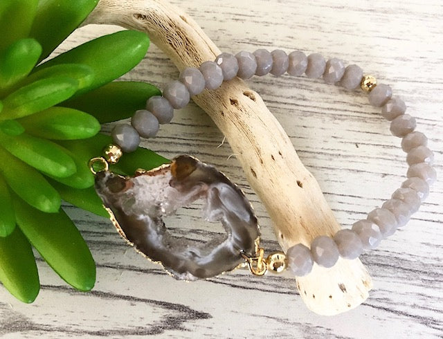 Natural Agate Slice Beaded Stretch Bracelet
