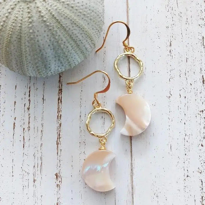 Mother of Pearl Circle Moon Drop Earrings